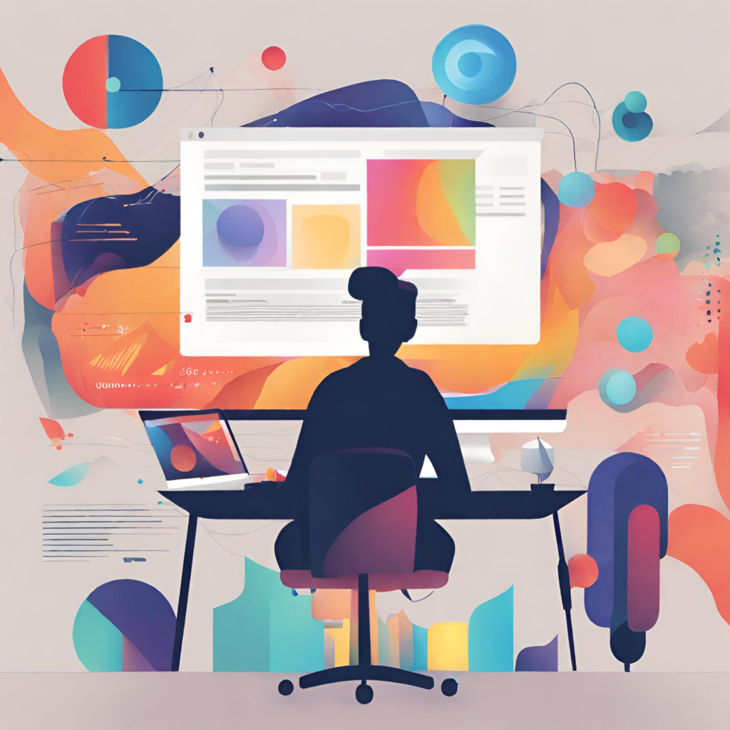 lady sitting at desk with colourful background